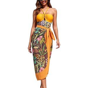 IDOPIP One Piece Swimsuit with Cover up Beach Skirt Floral Bathing Suit Large